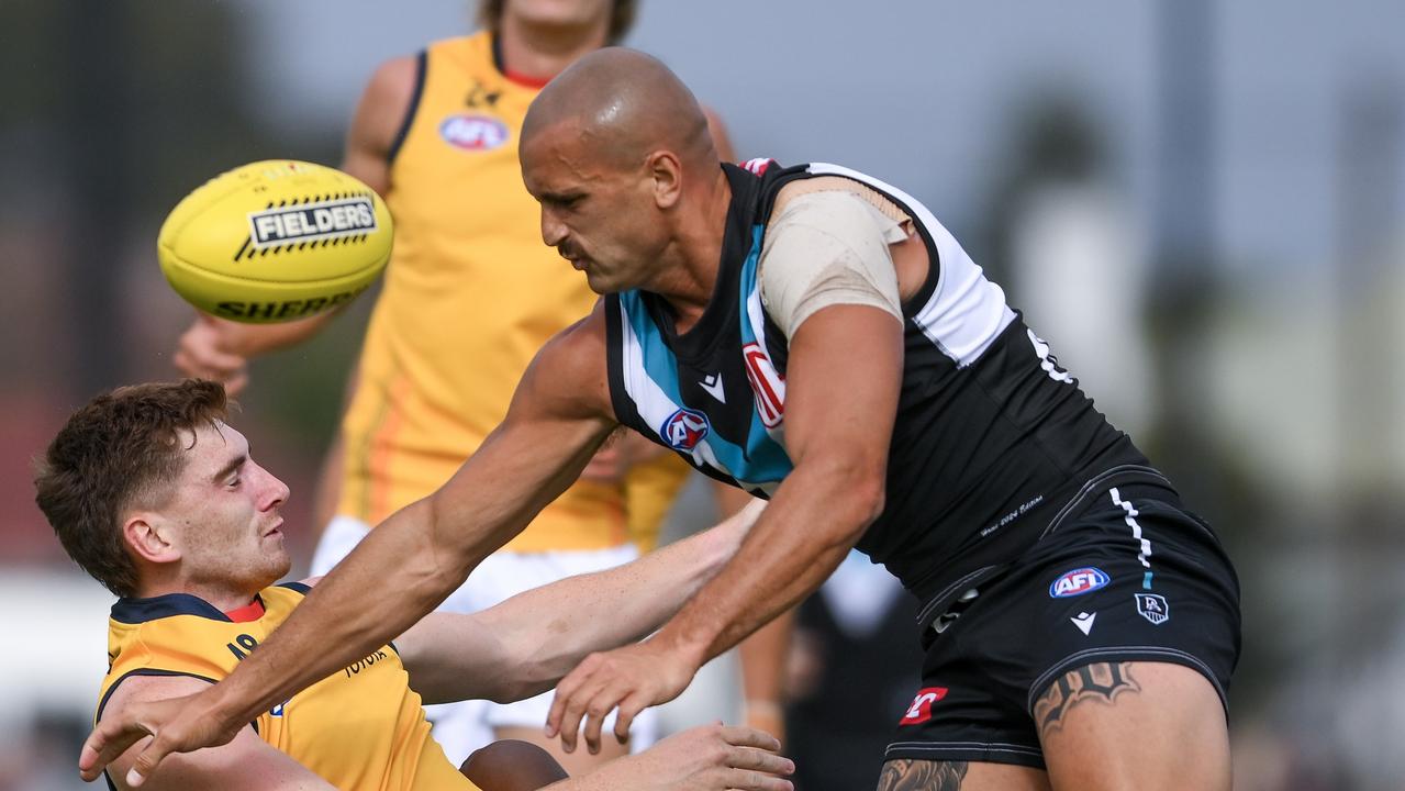 Sam Powell-Pepper’ high hit on Mark Keane. Picture: Mark Brake/Getty Images.