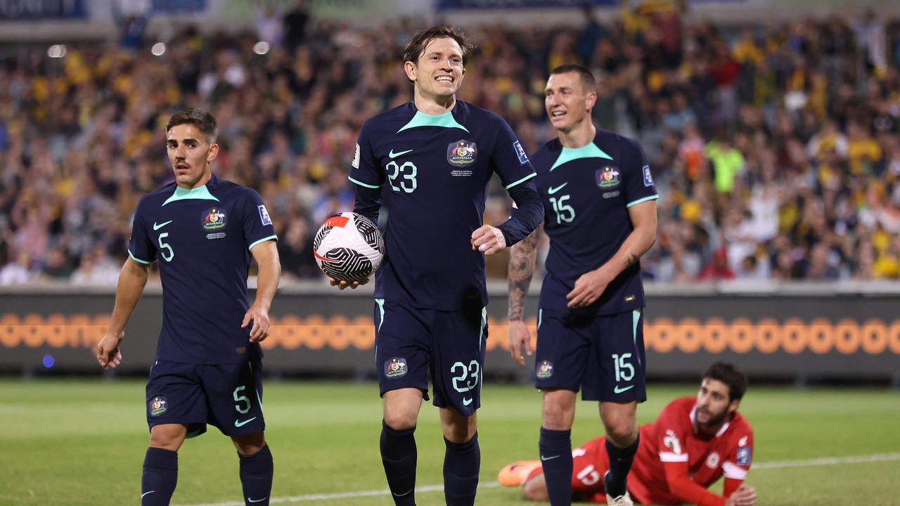 The Socceroos are taking on Palestine on Tuesday night. (Photo by Cameron Spencer/Getty Images)