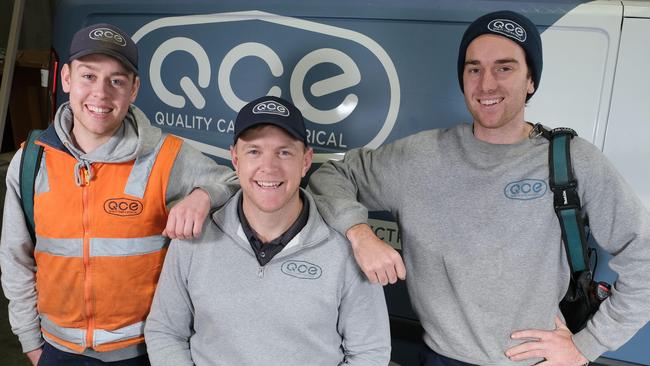 Boden Carkeek, centre, won Geelong's best electrician. He is pictured with Angus Jenkinson and Ben Grigsby. Picture: Mark Wilson