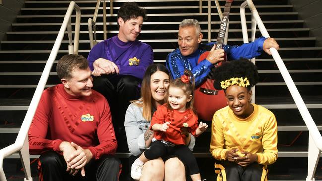 SPECIAL TREAT: Nayvah and mum Samantah with The Wiggles before their performance at the Adelaide Entertainment Centre on Saturday. Picture Naomi Jellicoe