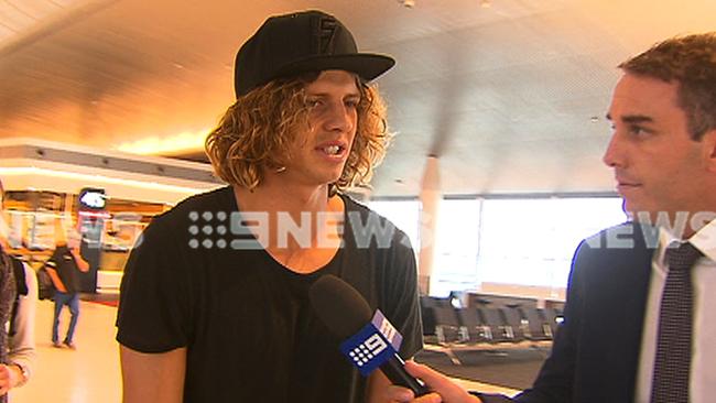 Nat Fyfe at Perth Airport heading to Melbourne for surgery. Picture: Channel 9
