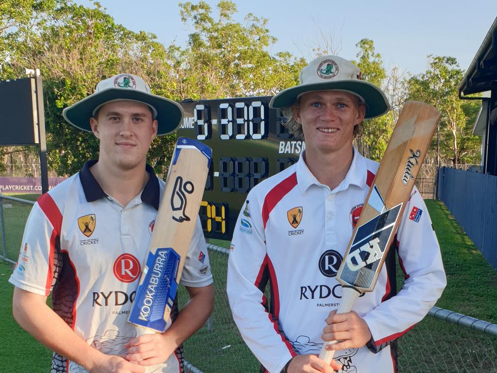 Matt Gilkes (left) and Dean Fry after their third wicket stand of 146 set up a big Southern Districts score of 8/390 in the Premier Grade semi-final last season. Picture: Supplied.