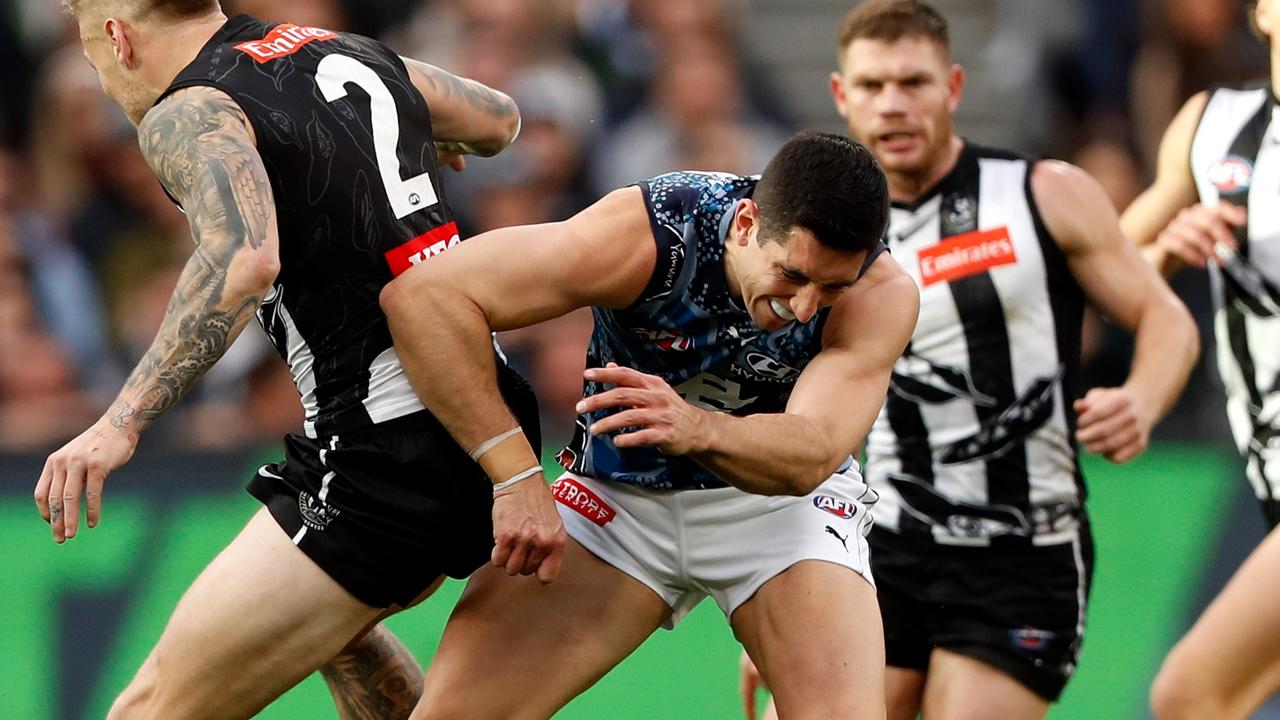 Jacob Weitering injures himself after colliding with Jordan De Goey. Picture: Dylan Burns/AFL Photos via Getty Images