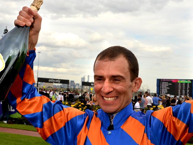 Flemington. Race 8. Yellowglen Stakes. 1st Fontelina (Vlad Duric, orange and royal blue diagonal stripes), 2nd Spirit of Boom (Nash Rawiller, gold, black stripes, gold cap), 3rd Latin News (Craig Williams, royal blue, silver and blue spots sleevs, blue and silver spots cap).