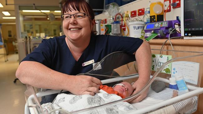 Midwife Unit Manager Monica Ryan with precious three-week-old Vann Cook. Picture: Keryn Stevens