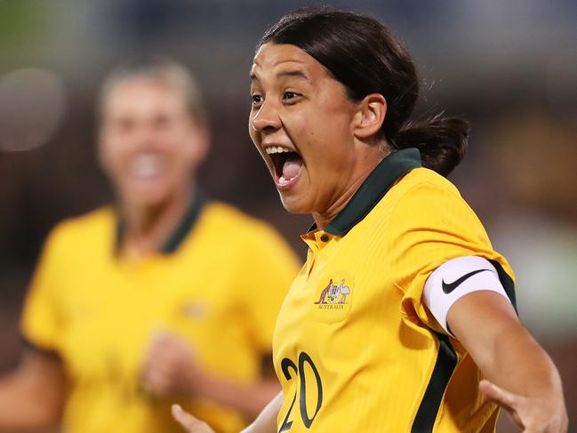 CANBERRA, AUSTRALIA - APRIL 12:   Sam Kerr of Australia celebrates with team mates after scoring a goal during the International womens friendly match between the Australia Matildas and the New Zealand at GIO Stadium on April 12, 2022 in Canberra, Australia. (Photo by Matt King/Getty Images)