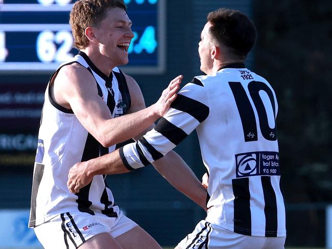 EFNL 2023: Chirnside Park v Scoresby: Cooper Frith (left) and Dale Hehir of Scoresby celebrate victory on the final siren at East Ringwood Reserve on August 20, 2023 in Ringwood East, Australia.Picture: Hamish Blair