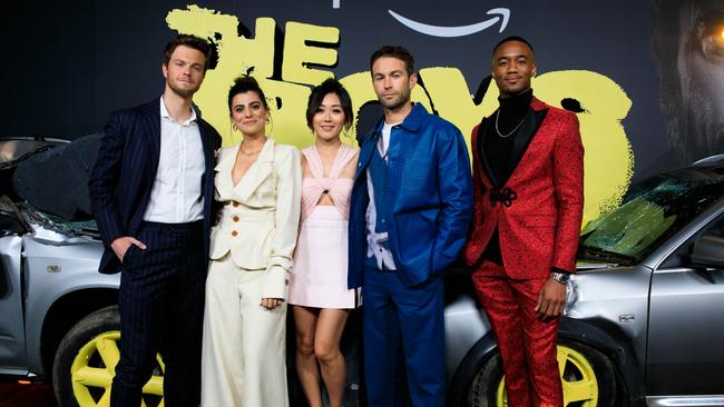 Jack Quaid, Claudia Doumit, Karen Fukuhara, Chace Crawford and Jessie T Usher attend The Boys VIP preview. Picture: Scott Ehler