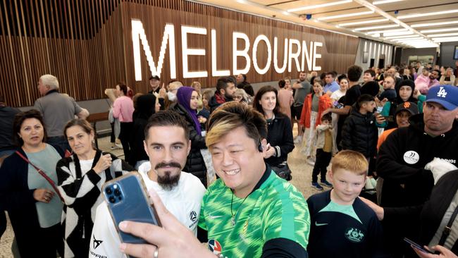 Melbourne-based Socceroo Jamie Maclaren meets supporters at Melbourne Airport after the World Cup in Qatar Picture: David Geraghty