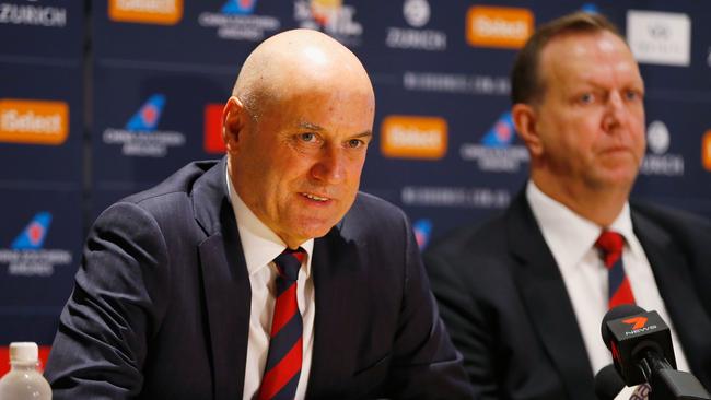 Melbourne CEO Peter Jackson (left) and chairman Glen Bartlett at Wednesday’s announcement. Pic: Getty Images