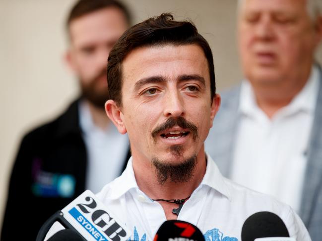 SYDNEY, AUSTRALIA - NewsWire Photos NOVEMBER 16, 2023: Former Qantas worker Theo Seremetidis addresses the media at John Maddison Tower on Thursday. Qantas was found guilty of standing down of worker who told colleagues to stop cleaning planes arriving from China without proper safety equipment . Picture: NCA NewsWire / Nikki Short