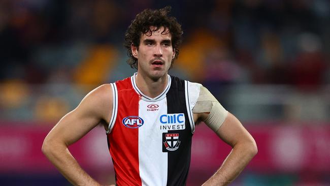 BRISBANE, AUSTRALIA - JUNE 14: Max King of the Saints looks on after the round 14 AFL match between Brisbane Lions and St Kilda Saints at The Gabba, on June 14, 2024, in Brisbane, Australia. (Photo by Chris Hyde/AFL Photos/via Getty Images)