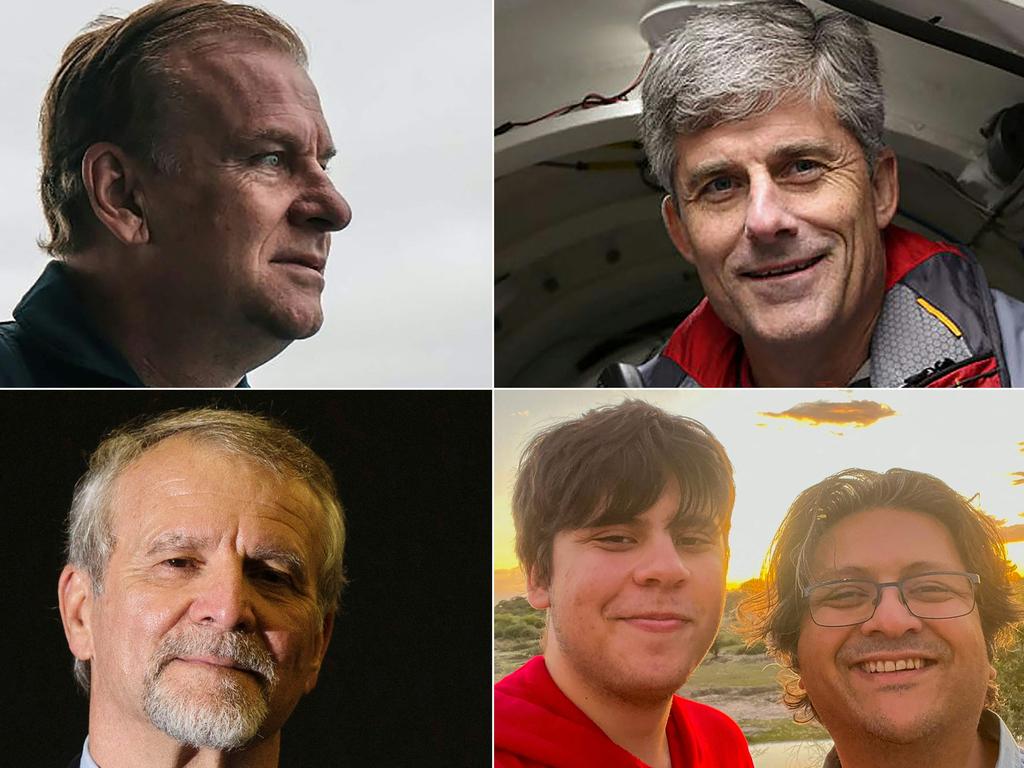 Passengers (L-R, top to bottom) Hamish Harding, Stockton Rush, Paul-Henri Nargeolet, Suleman Dawood and his father Shahzada Dawood. Picture: various sources/AFP