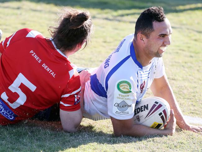 Action pics of Round 16 Rugby League Gold Coast match between Currumbin and Tugun (blue) at Galleon Way (Currumbin Eagles RLFC). Photo of Savern Rapana scoring a try. Picture: Richard Gosling