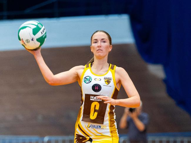 Hawks skipper Lydia Coote looks to pass during Saturday's TNL win over Cripps Waratah. Picture: Netball Tasmania/Minch Media