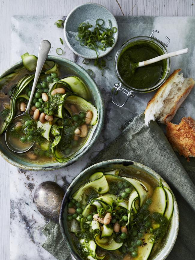 Zucchini, pea and pesto soup. Picture: Guy Bailey. Styling: David Morgan