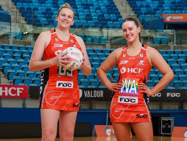 Daily Telegraph. 02, May, 2025.Giants netball players, Jo Harten and Hope White, at Sydney Olympic Park, today.They are at opposite ends of their Super Netball careers, with England import Harten having played national league for more seasons than White (18) has been alive.Picture: Justin Lloyd.