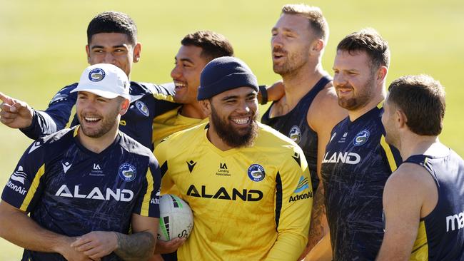 Isaiah Papali'i (centre) has a strong relationship with his Eels teammates. Picture: Jonathan Ng