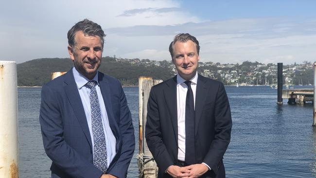 Minister for Transport Andrew Constance and Manly MP James Griffin at Manly Wharf for the announcement of a $205 million package to boost ferry transport. Picture: Julie Cross