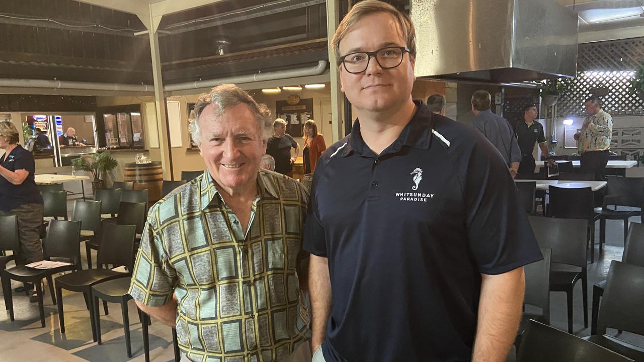 Bowen Chamber of Commerce chair Bruce Hedditch chats to Greater Rewards Group's general manager Blake Thomas after a presentation on Whitsunday Paradise at the chamber's September 2021 meeting. Picture: Kirra Grimes