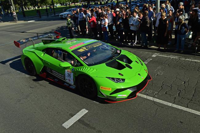 Race cars head down Wakefield Street through Victoria Square for the Adelaide Motorsport Festival’s Peak Hour of Power. Picture: Tom Huntley