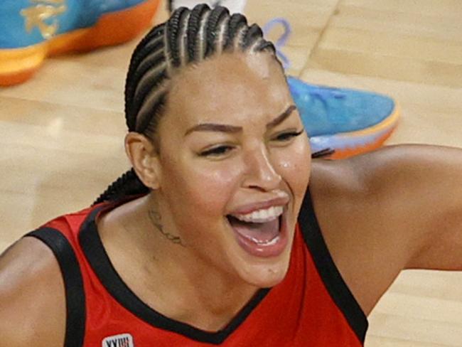 LAS VEGAS, NEVADA - JUNE 27:  Liz Cambage #8 of the Las Vegas Aces reacts after an official's call on an out-of-bounds play near the end of the fourth quarter against the Seattle Storm at Michelob ULTRA Arena on June 27, 2021 in Las Vegas, Nevada. The Aces defeated the Storm 95-92 in overtime. NOTE TO USER: User expressly acknowledges and agrees that, by downloading and or using this photograph, User is consenting to the terms and conditions of the Getty Images License Agreement.  (Photo by Ethan Miller/Getty Images)