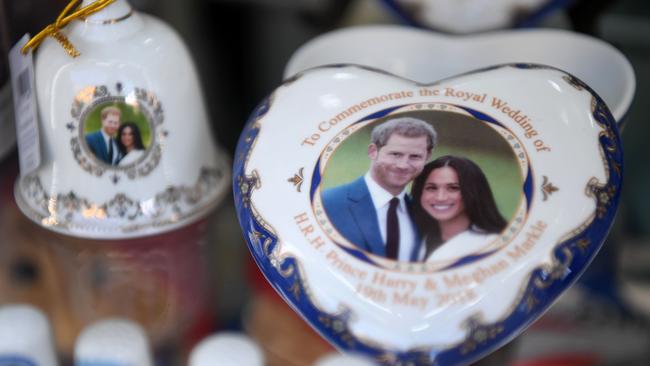 Royal memorabilia featuring Britain’s Prince Harry and Meghan, Duchess of Sussex, is displayed in a souvenir shop in Windsor, west of London. Picture: AFP