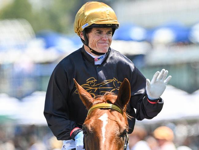 MELBOURNE, AUSTRALIA - FEBRUARY 17: Craig Williams riding Rumbled Again after winning in Race 4, the Royal Ascot Plate, during Melbourne Racing at Flemington Racecourse on February 17, 2024 in Melbourne, Australia. (Photo by Vince Caligiuri/Getty Images)