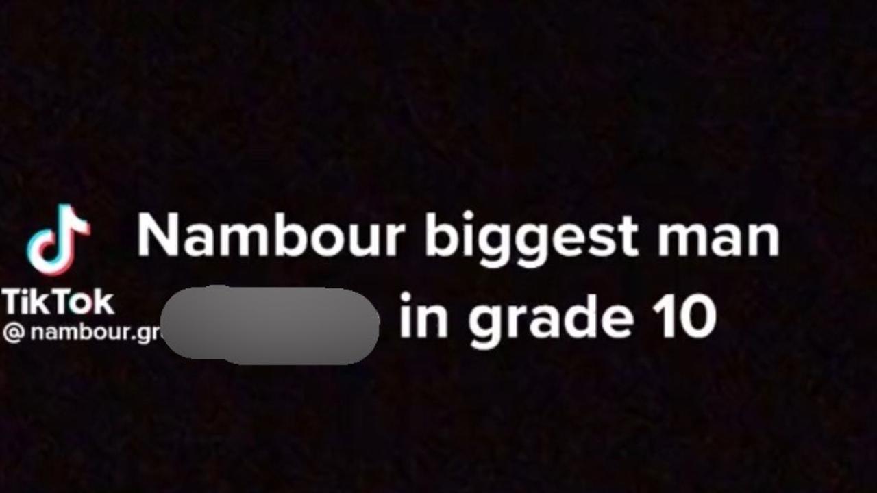 One of the accounts had one video identifying "man w----s" at a Nambour school. The video showed this title card and then screenshots from two students' social media pages, complete with their usernames. The account has since been deleted.