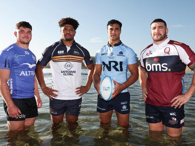 SYDNEY, AUSTRALIA - FEBRUARY 05:  (L-R) Carlo Tizzano of the Western Force, Rob Valetini of the Brumbies, Joseph-Aukuso Suaalii of the Waratahs and Jeffery Toomaga-Allen of the Reds pose during the 2025 Super Rugby Season Launch at Little Bay Beach on February 05, 2025 in Sydney, Australia. (Photo by Matt King/Getty Images)