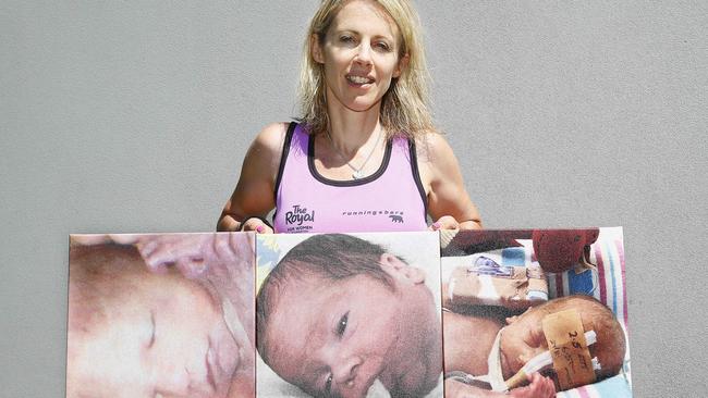 Running for Premature Babies Foundation organiser Sophie Smith with the photos of her Triplets Henry, Jasper and Evan, whom she lost after they were born premature. Picture: John Appleyard