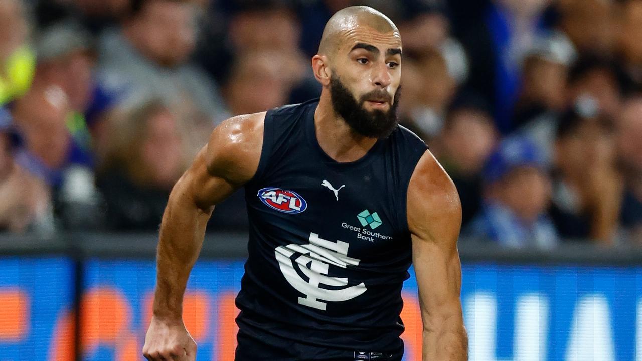 MELBOURNE - APRIL 07: Adam Saad of the Blues in action during the 2023 AFL Round 04 match between the North Melbourne Kangaroos and the Carlton Blues at Marvel Stadium on April 7, 2023 in Melbourne, Australia. (Photo by Michael Willson/AFL Photos via Getty Images)