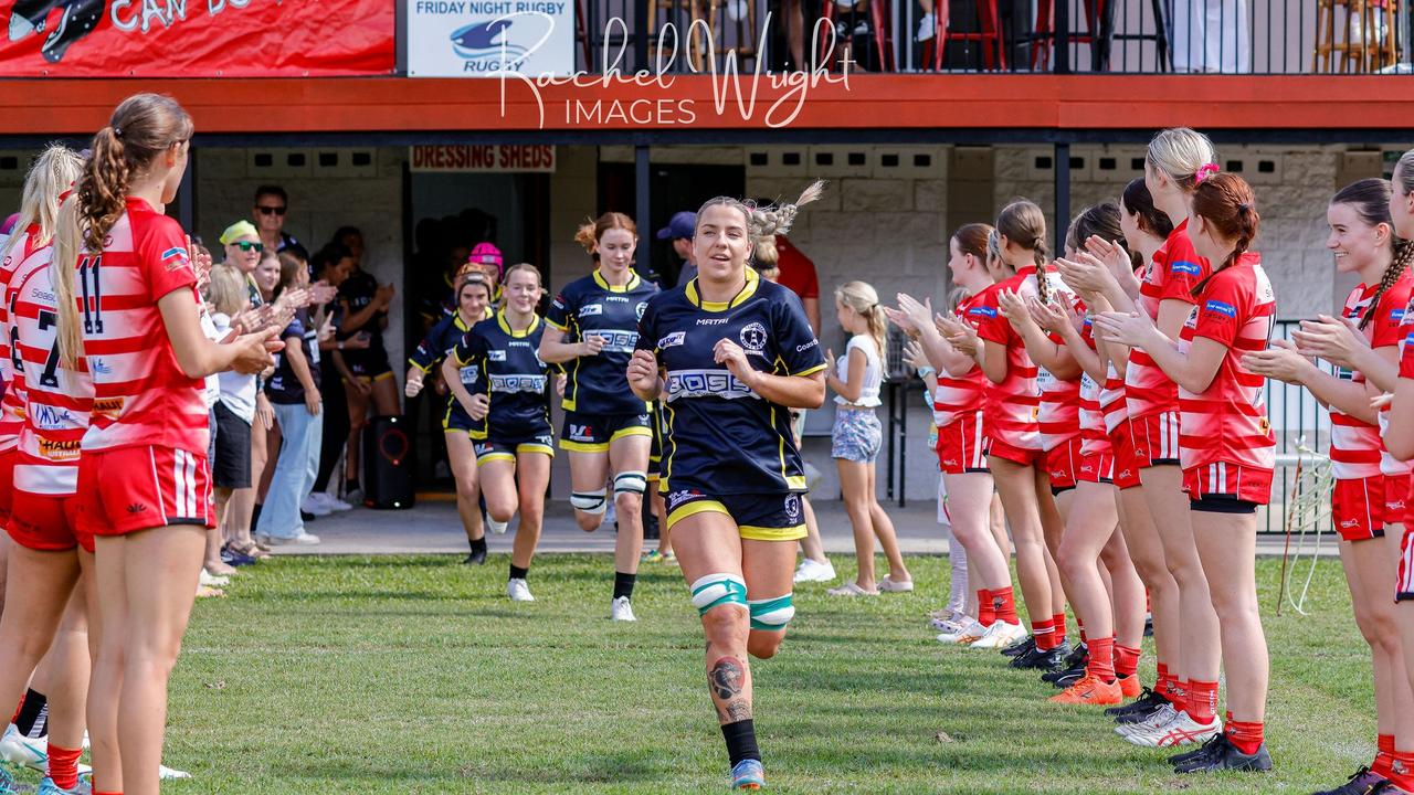 Caloundra women's rugby union captain Maddie Janke leads her team out. Picture: Rachel Wright Images.