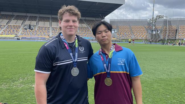 Hammer throwers Ethan Tearle, left, and Owen Wang pictured two weeks ago.