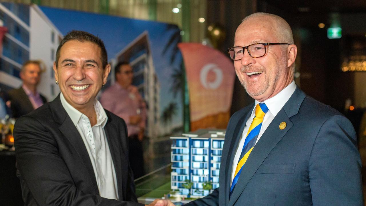 Sunshine Coast Mayor Mark Jamieson and property developer and mayoral campaign donor Walter Iezzi at the official launch of his latest project ahead of formal council approval.