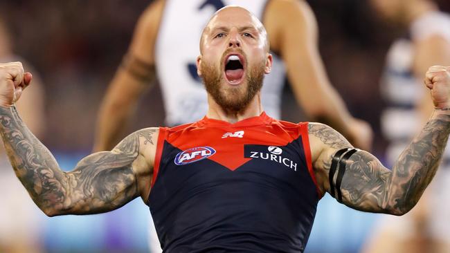 MELBOURNE, AUSTRALIA - SEPTEMBER 07: Nathan Jones of the Demons celebrates a goal during the 2018 AFL First Elimination Final match between the Melbourne Demons and the Geelong Cats at the Melbourne Cricket Ground on September 07, 2018 in Melbourne, Australia. (Photo by Michael Willson/AFL Media/Getty Images)