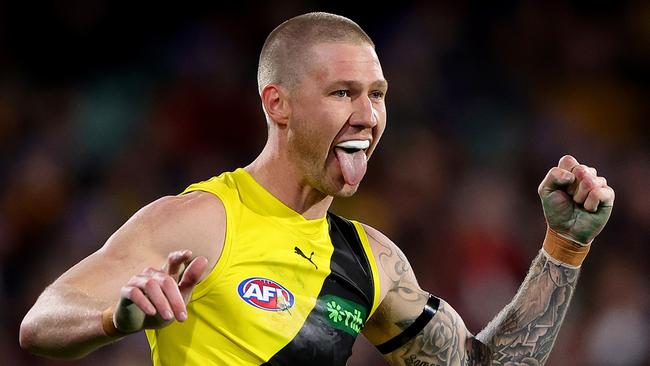 ADELAIDE, AUSTRALIA - JUNE 06: Nathan Broad of the Tigers celebrates a goal during the 2024 AFL Round 13 match between the Adelaide Crows and the Richmond Tigers at Adelaide Oval on June 06, 2024 in Adelaide, Australia. (Photo by Sarah Reed/AFL Photos via Getty Images)