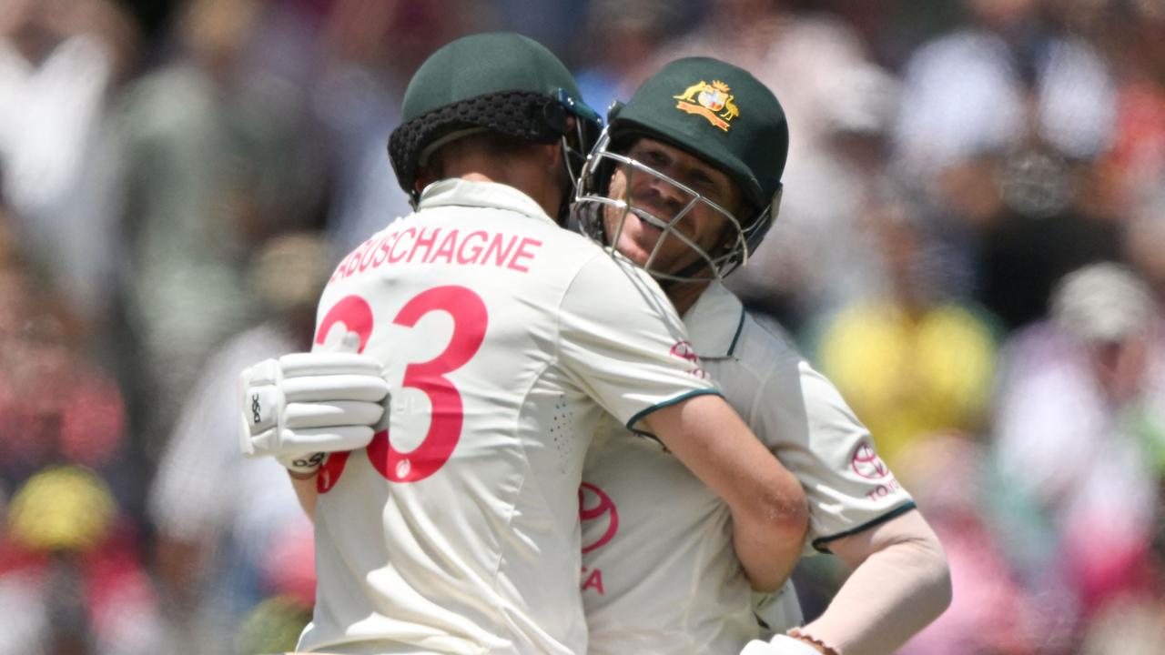 Marnus Labuschagne (L) was there to celebrate with David Warner. Picture: AFP