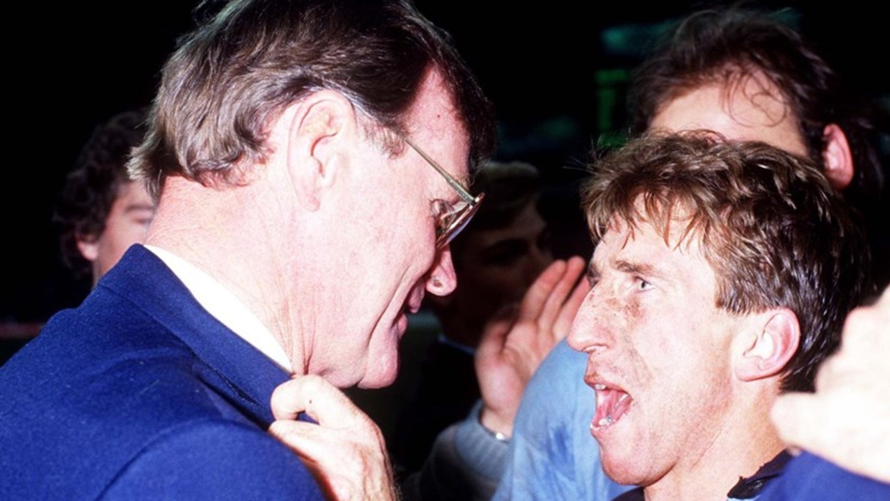 Blues coach Terry Fearnley and captain Steve Mortimer lap up the 1985 series win.