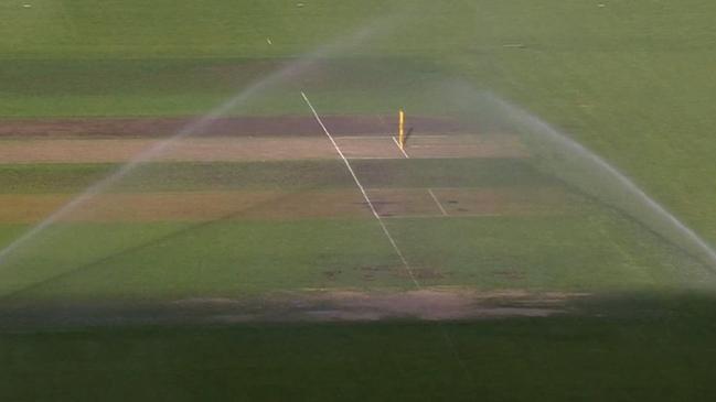 The sprinklers didn't the memo that a cricket game was about to start.