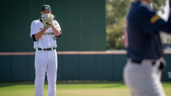 Evans in action for Australia. Picture: Baseball SA