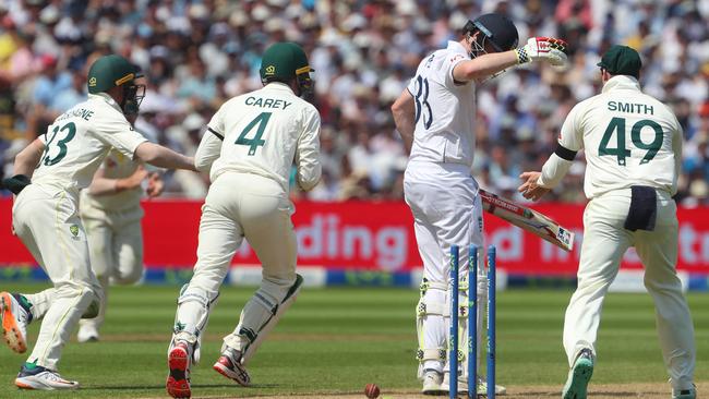 Harry Brook looks back at his stumps after the freak dismissal. Picture: AFP