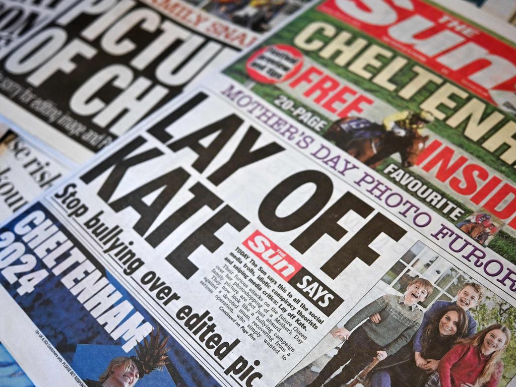 Front pages of some of Britain's national newspapers, dominated by stories about the altered photo released by Kensington Palace on March 10. Picture: AFP