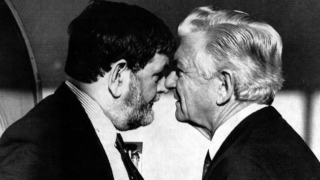 JUNE 24, 1991 : Federal Labor Party candidate Barry Jones with Prime Minister Bob Hawke at ALP Conference in Hobart. Picture: Fred Kohl