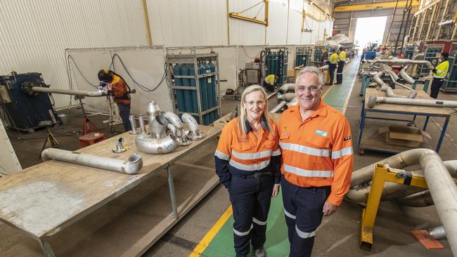 l-r) Chevron Gorgon Operations manager Kate Yates and AGC CEO Shane Kimpton in the AGC manufacturing hub where work is under way on materials for the Gorgan natural gas plant.