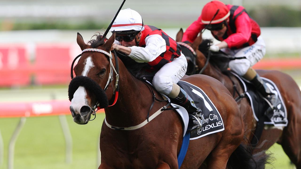 Racehorse Takeover Target ridden by jockey Nash Rawiller winning race 6, TJ Smith Stakes at Royal Randwick Racecourse in Sydney.