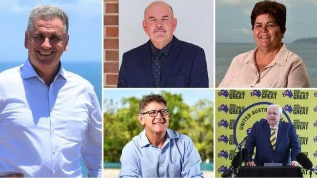 Burdekin candidates for the 2020 Queensland election. Left: Burdekin MP Dale Last (LNP). Top: Mike Brunker (ALP) and Carolyn Moriarty (NQ First). Bottom: Sam Cox (KAP) and UAP leader Clive Palmer. UAP's candidate is Benjamin Wood.