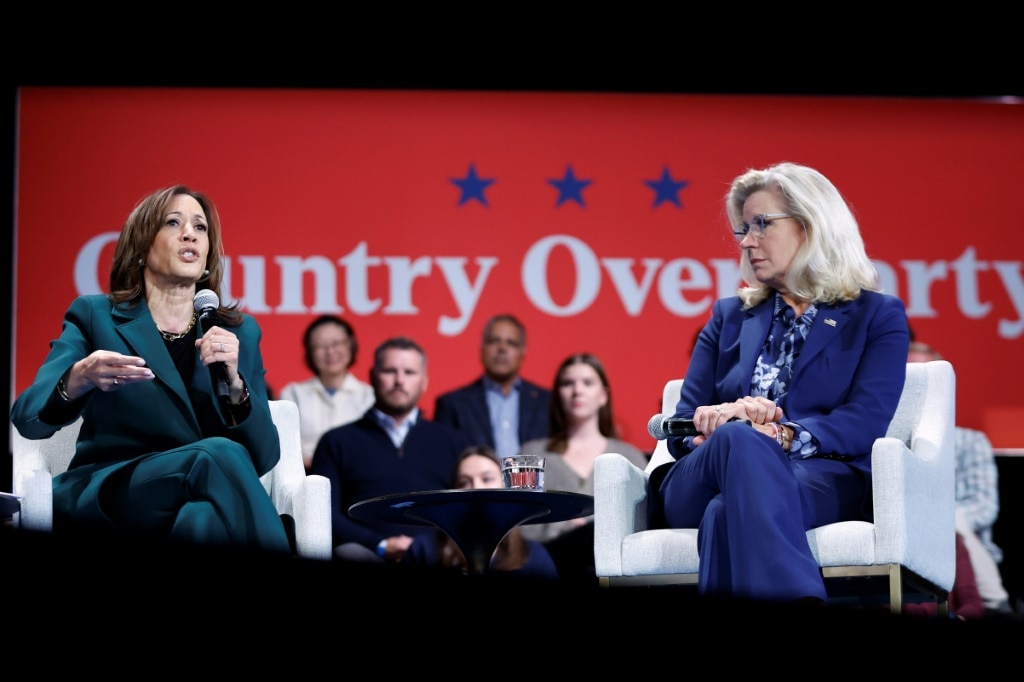 US Vice President and Democratic presidential candidate Kamala Harris speaks during a moderated conversation with former US Representative Liz Cheney at Sharon Lynne Wilson Center for the Arts in Brookfield, Wisconsin