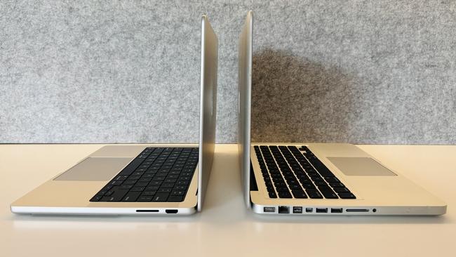 The M3 MacBook Pro (left) borrows design touches from the 2009 MacBook Pro (right), which can still perform basic functions.