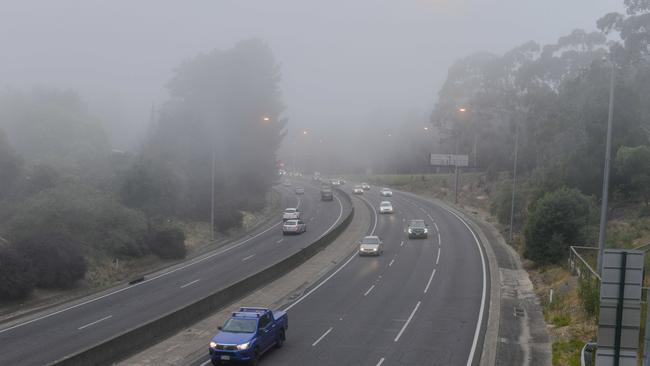 Fog in Crafers as smoke from the Yorke Peninsula fires blanket Adelaide. Picture: AAP/ Brenton Edwards